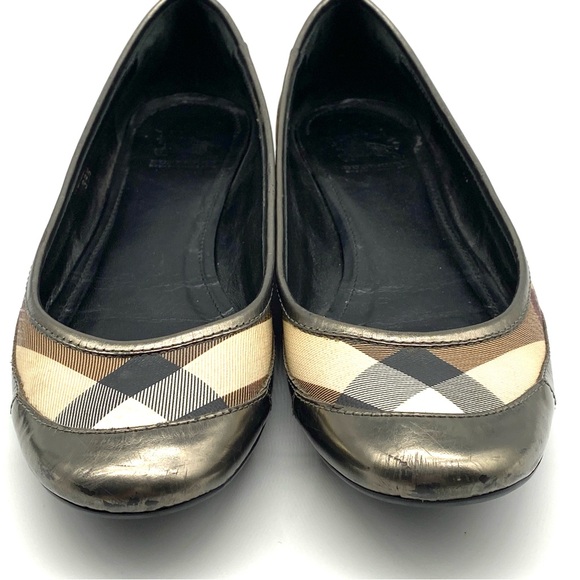 BURBERRY NOVA CHECK PEWTER GUNMETAL SILVER LEATHER BALLET FLAT SHOES 39.5 / 8.5 - Picture 4 of 7
